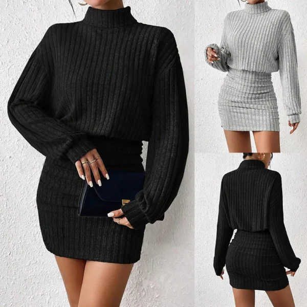 Women's Black Sweater Dress, High Neck, Slim Fit - Image 3