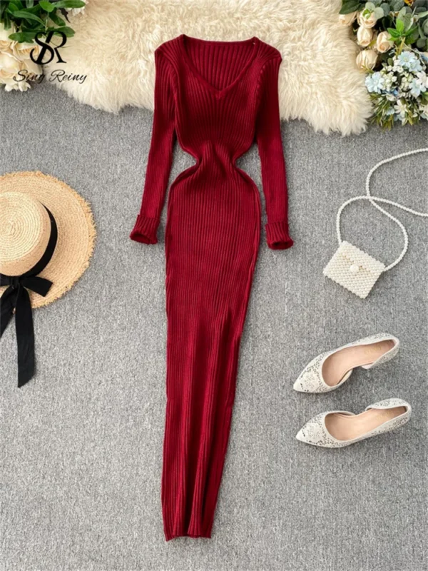 Sweater Dress V Neck Slim Elastic Long Winter Knit - Image 4