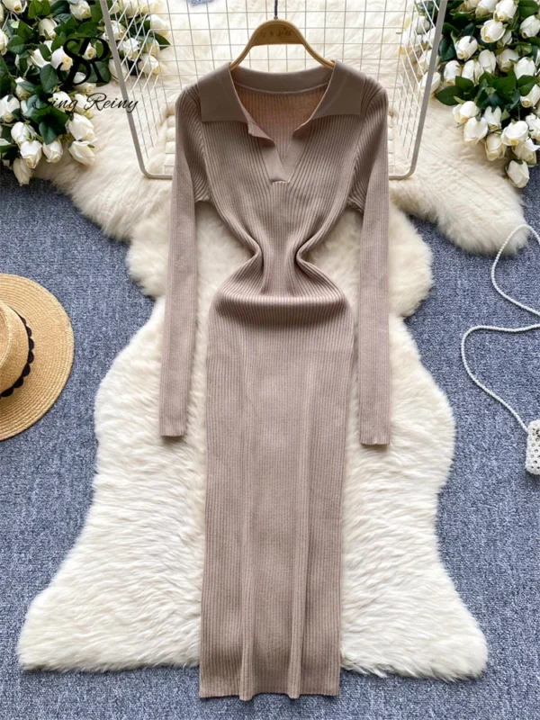 Sweater Dress: French Vintage, Lapel, Bodycon - Image 5