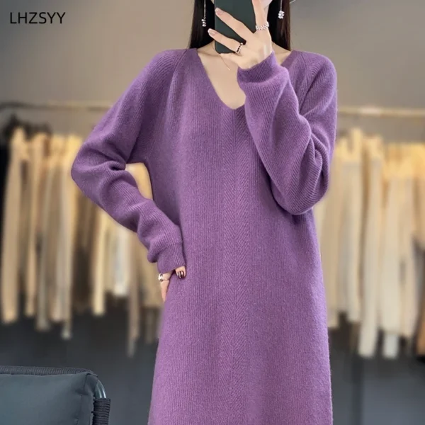 Sweater Dress - V-Neck Pure Wool Knit Jumper - Image 2