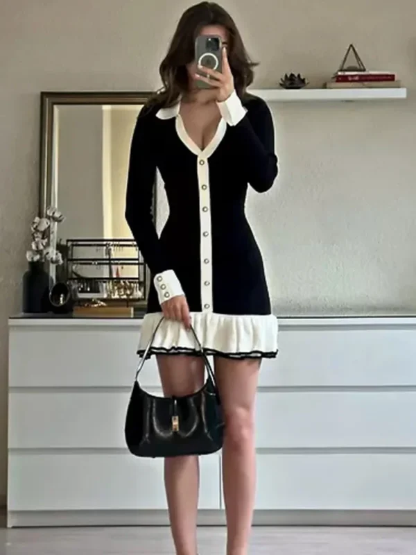 Tossy Ruffled Bow Knit Backless Lace-Up Elegant Mini Bandage Dress