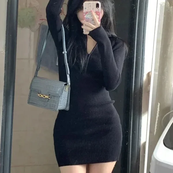Sweater Dress Mini Crochet Bodycon V Neck Sexy - Image 6