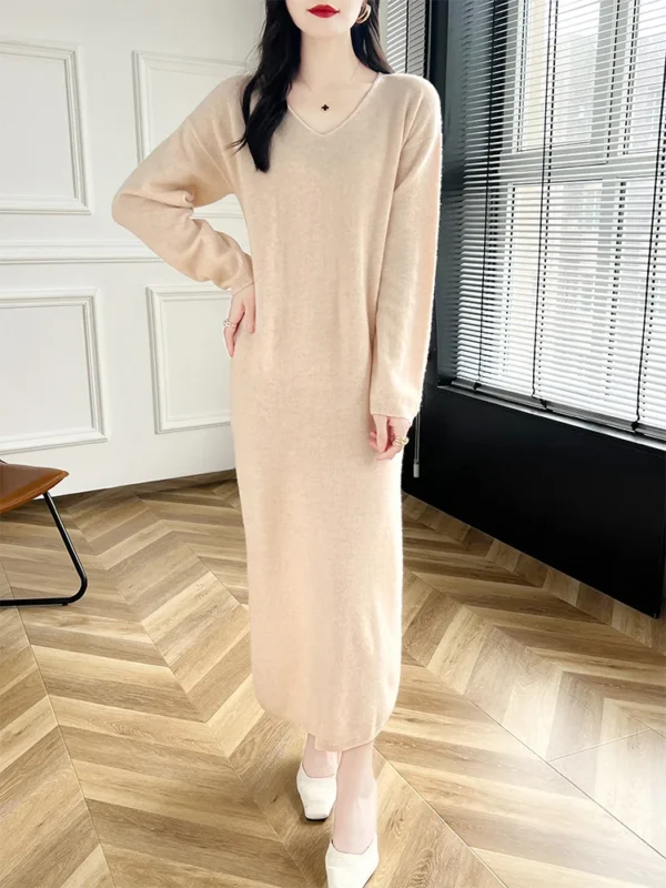 Sweater Dress: 100% Merino Wool V-Neck Long Dress - Image 6
