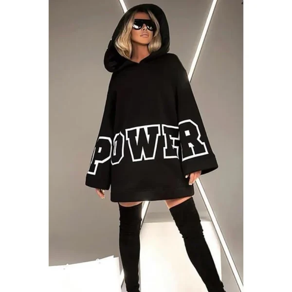 Plus Size Casual Loose Hoodie Dress Black Letter Print Sweatshirt