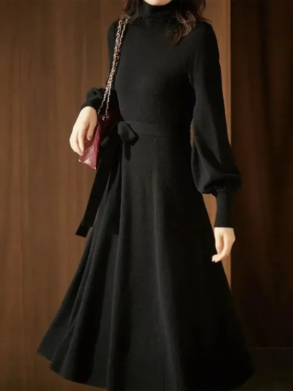 Sweater Dress: Turtleneck Lantern Sleeve Party Dress - Image 3