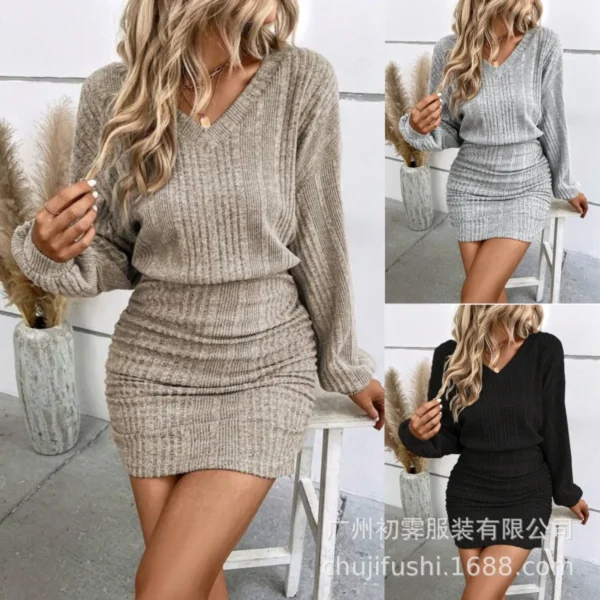 Sweater Dress V-Neck Bat Long Sleeve Hip Hugging