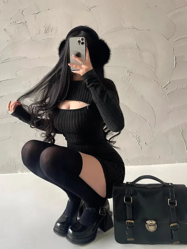 Sweater Dress: Sexy Hollow Zipper Knit - Image 5