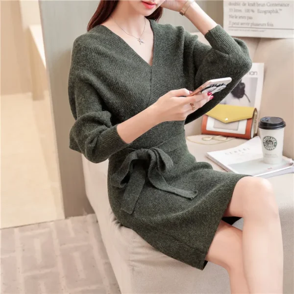 Cross V-Neck Tie Slim Knitted Long Sleeve Autumn Winter Sweater Dress - Image 5