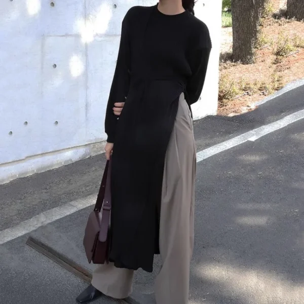 Sweater Dress Oversized Lace Up Irregular Split Maxi - Image 4