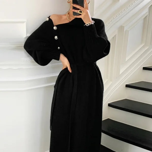 Sweater Dress - Vintage Button, Turtleneck, Loose Fit - Image 3