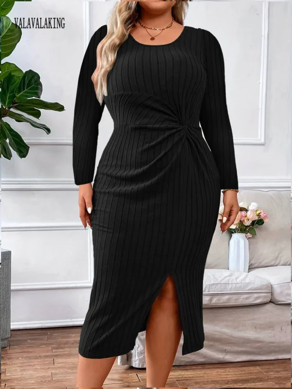Sweater Dress Plus Size Black Long Sleeve Bodycon Midi - Image 2