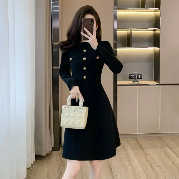 Sweater Dress Black A-Line Long Sleeve Buttons Elegant - Image 4