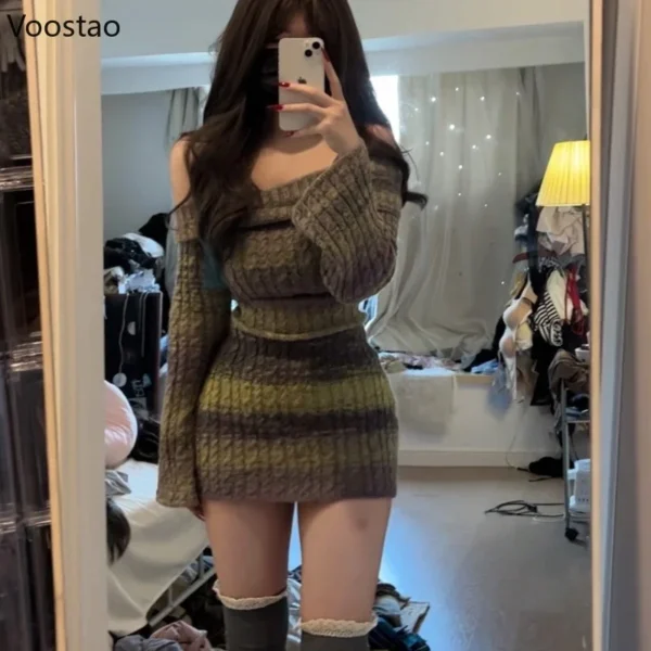 Spicy Girls Off Shoulder Striped Knit Dress Women Long Sleeve Fashion