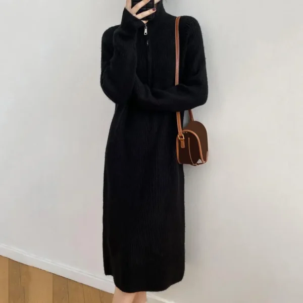 Sweater Dress Knitted Midi with Zippered Collar - Image 2