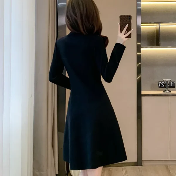 Sweater Dress Black A-Line Long Sleeve Buttons Elegant - Image 2
