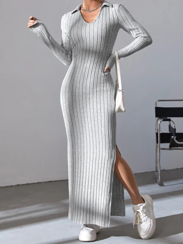 Sweater Dress V-Neck Full Sleeve Split Elastic Body - Image 3