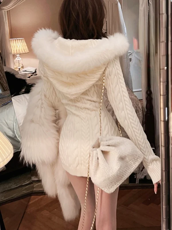 2025 Winter Hooded Knitted Faux Fur Slim Bodycon Mini Dress Elegant Korean
