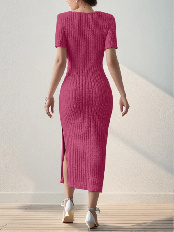 Sweater Dress: Short Sleeve Bodycon Ribbed Knit Midi Dress - Image 2