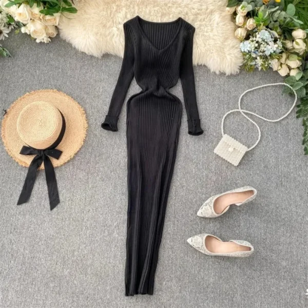 Sweater Dress V Neck Long Sleeve Slim Fit - Image 2