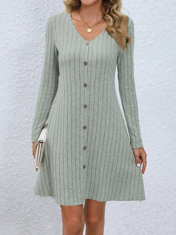 Fashion Ribbed Knitted Button Mini A-Line Autumn Streetwear Lady Dress - Image 4