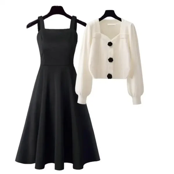 Fashion Spring Knitting Dresses Set With Cardigan For Women - Black - Image 6