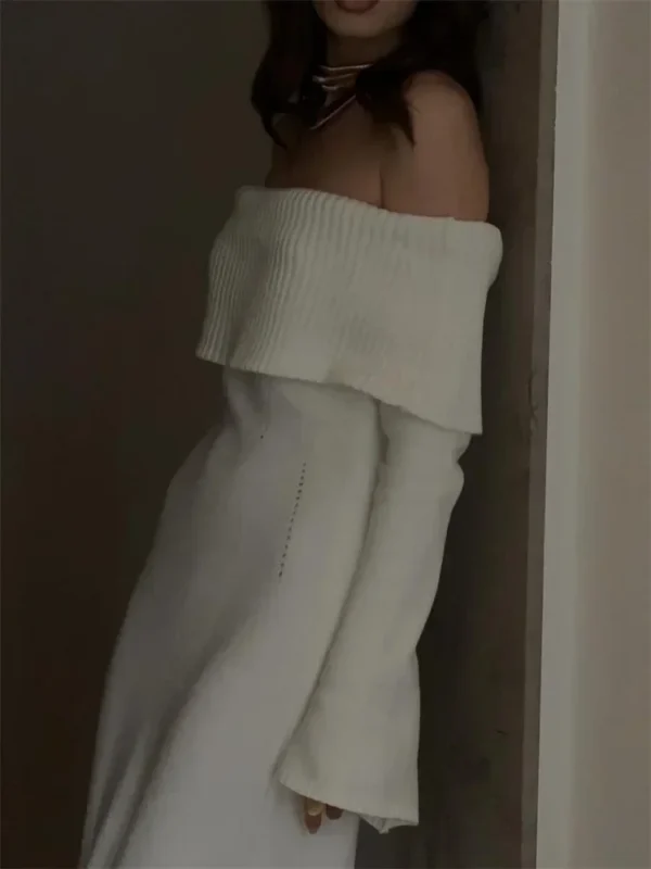 Sweater Dress: Ribbed Off-Shoulder High Waist Dress - Image 3