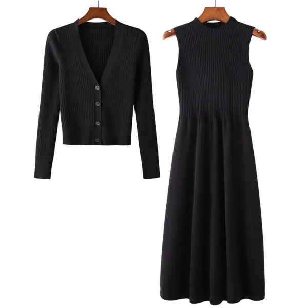 Sweater Dress with Loose Knit Cardigan & Woolen Skirt - Image 2
