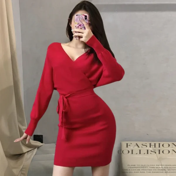 Sweater Dress - Chic Batwing Sleeve Bodycon - Image 2
