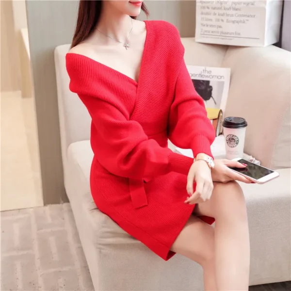 Cross V-Neck Tie Slim Knitted Long Sleeve Autumn Winter Sweater Dress - Image 2