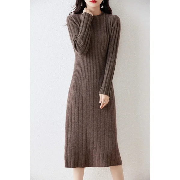 100% Merino Wool Long Sweater Dress Striped Pleated Skirt Pullover - Image 2