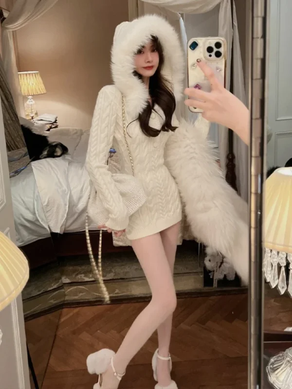 Sweater Dress with Hood, Slim Bodycon, Faux Fur, Mini - Image 6
