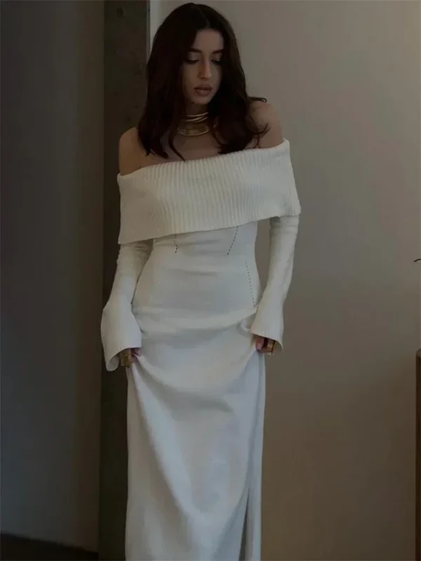 Sweater Dress: Ribbed Off-Shoulder High Waist Dress - Image 2