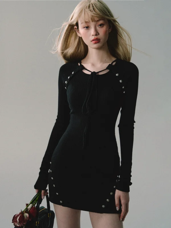 Sweater Dress Black Long Sleeved Slim Fit Autumn Winter - Image 2