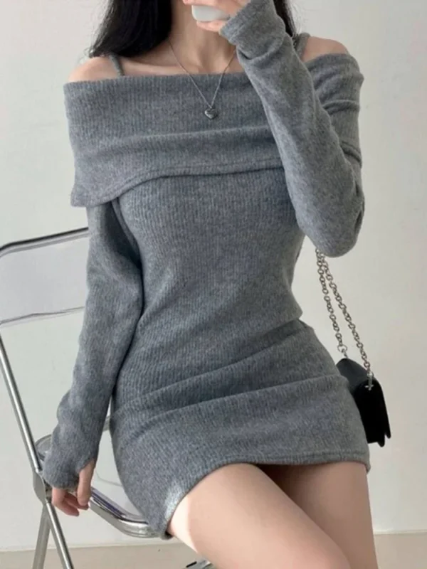 Sweater Dress Off Shoulder Suspender Slim Fit Mini Dress - Image 3