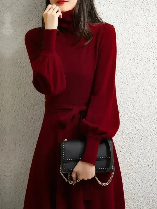 Sweater Dress: Turtleneck Lantern Sleeve Party Dress - Image 4