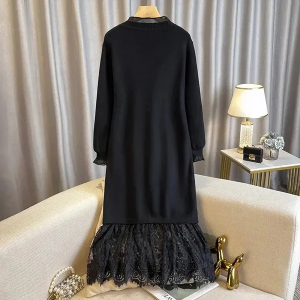 Lace Patchwork Knitted Sweater Dress Women Stylish 2024 - Image 2