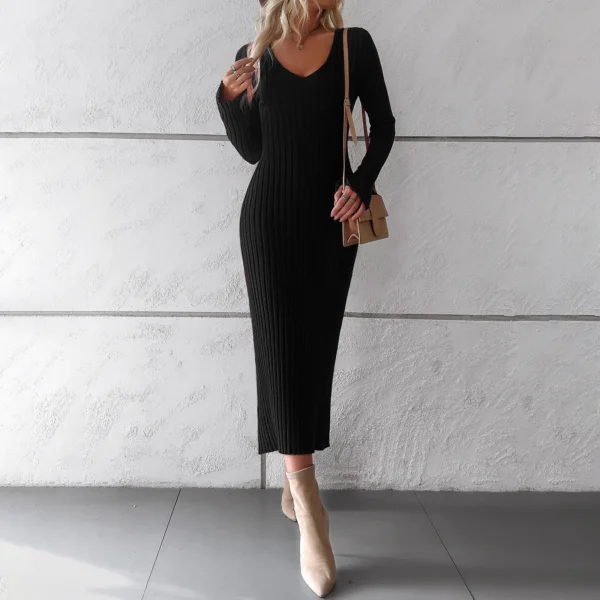 Sweater Dress: V-neck, Long Sleeve, Slim-fit - Image 4