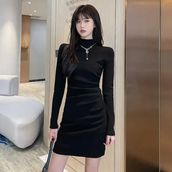 Sweater Dress Black Turtleneck Long Sleeve Bodycon Mini - Image 3