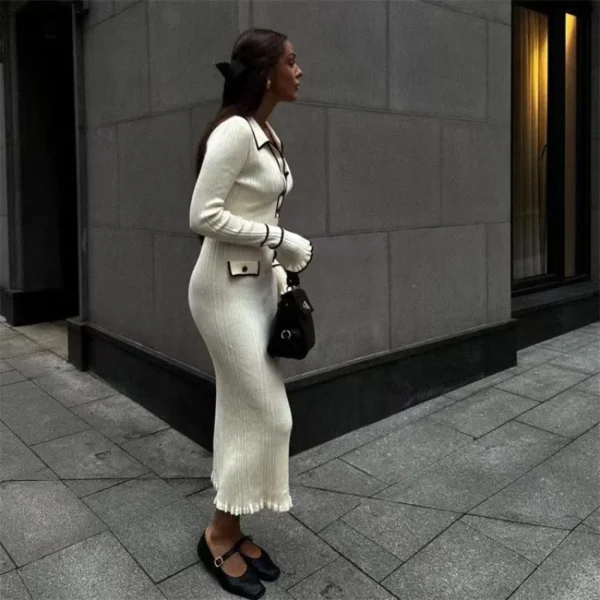Sweater Dress High Waist Ruffles Turn-Down Collar - Image 3