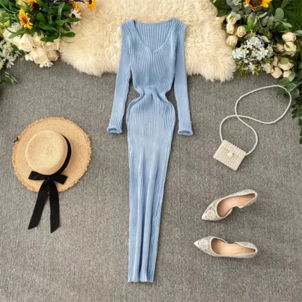 Sweater Dress V Neck Long Sleeve Slim Fit - Image 3