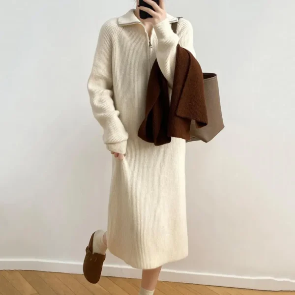 Sweater Dress Knitted Midi with Zippered Collar - Image 3