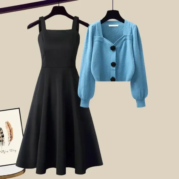 Fashion Spring Knitting Dresses Set With Cardigan For Women - Black - Image 3
