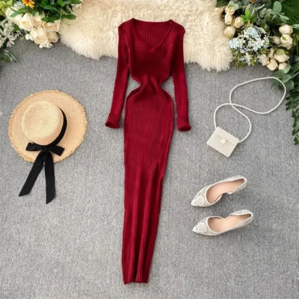 Sweater Dress V Neck Long Sleeve Slim Fit - Image 6