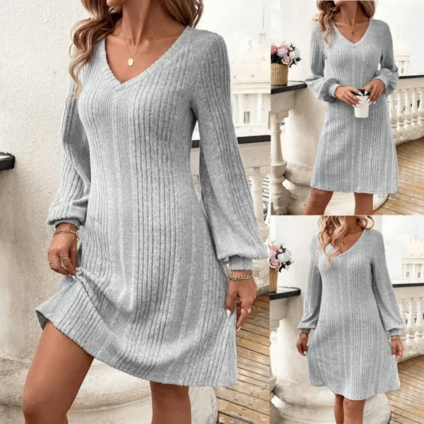 Sweater Dress: V-neck Slim Fit Knee Length - Image 2
