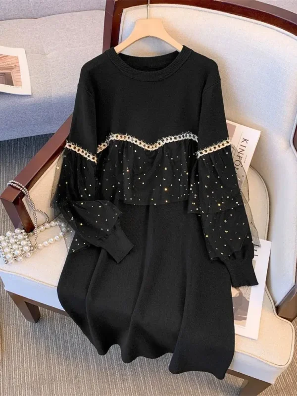 Sweater Dress Knitted Vintage Long Sleeve Women Korean Style