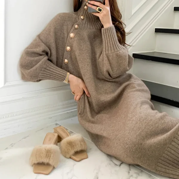 Sweater Dress - Vintage Button, Turtleneck, Loose Fit