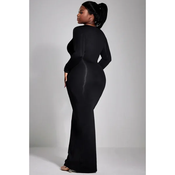 Plus Size Casual Black Knitted Maxi Dress Long Sleeve Slim Fit Dress - Image 2