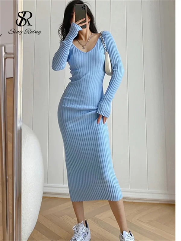 Sweater Dress V Neck Slim Elastic Long Winter Knit - Image 2