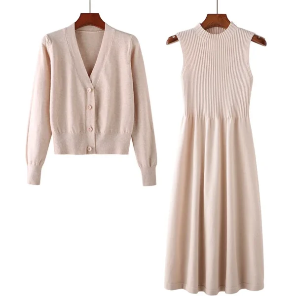 Sweater Dress with Loose Knit Cardigan & Woolen Skirt - Image 3