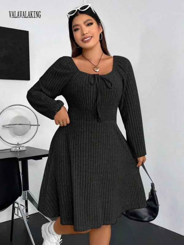 Sweater Dress Winter Black Plus Size Pleated Long Sleeve - Image 4